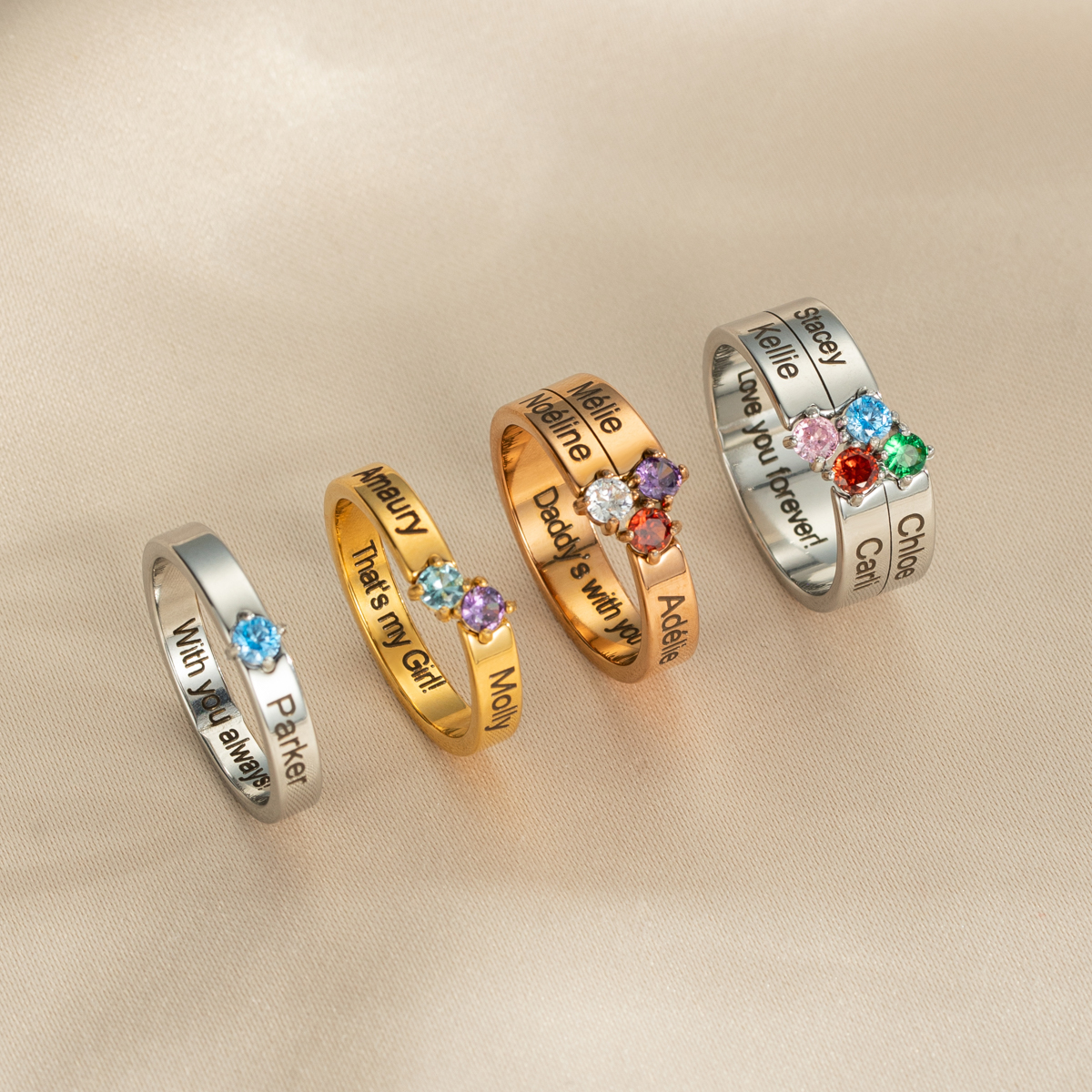 Custom 1-8 Names Birthstone Rings