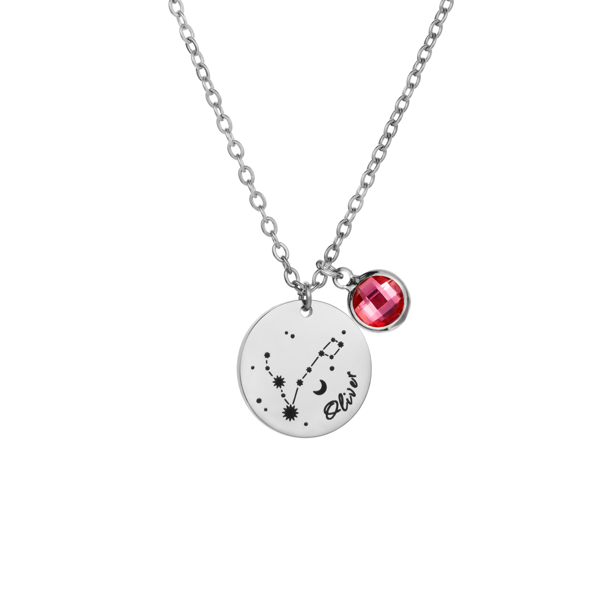 Carved Constellation Round Customized Birthstone Pendant Necklace