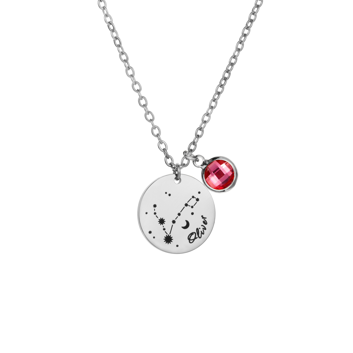 Carved Constellation Round Customized Birthstone Pendant Necklace
