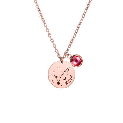Carved Constellation Round Customized Birthstone Pendant Necklace