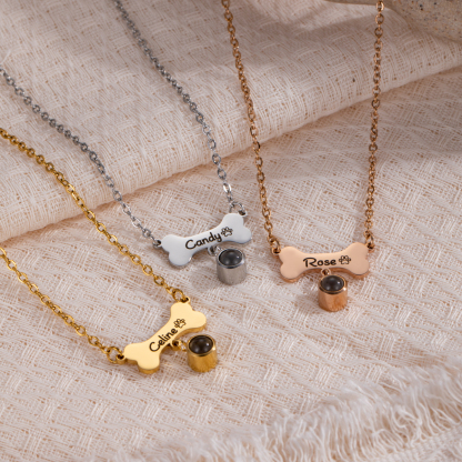 Customized Necklace with Engraved Name on a Dog Bone-shaped Projection Stone 