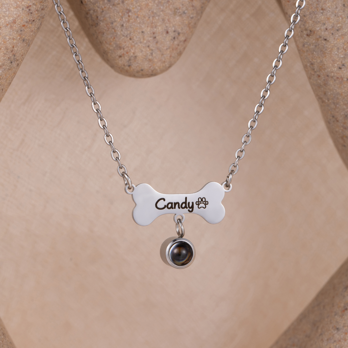 Customized Necklace with Engraved Name on a Dog Bone-shaped Projection Stone 