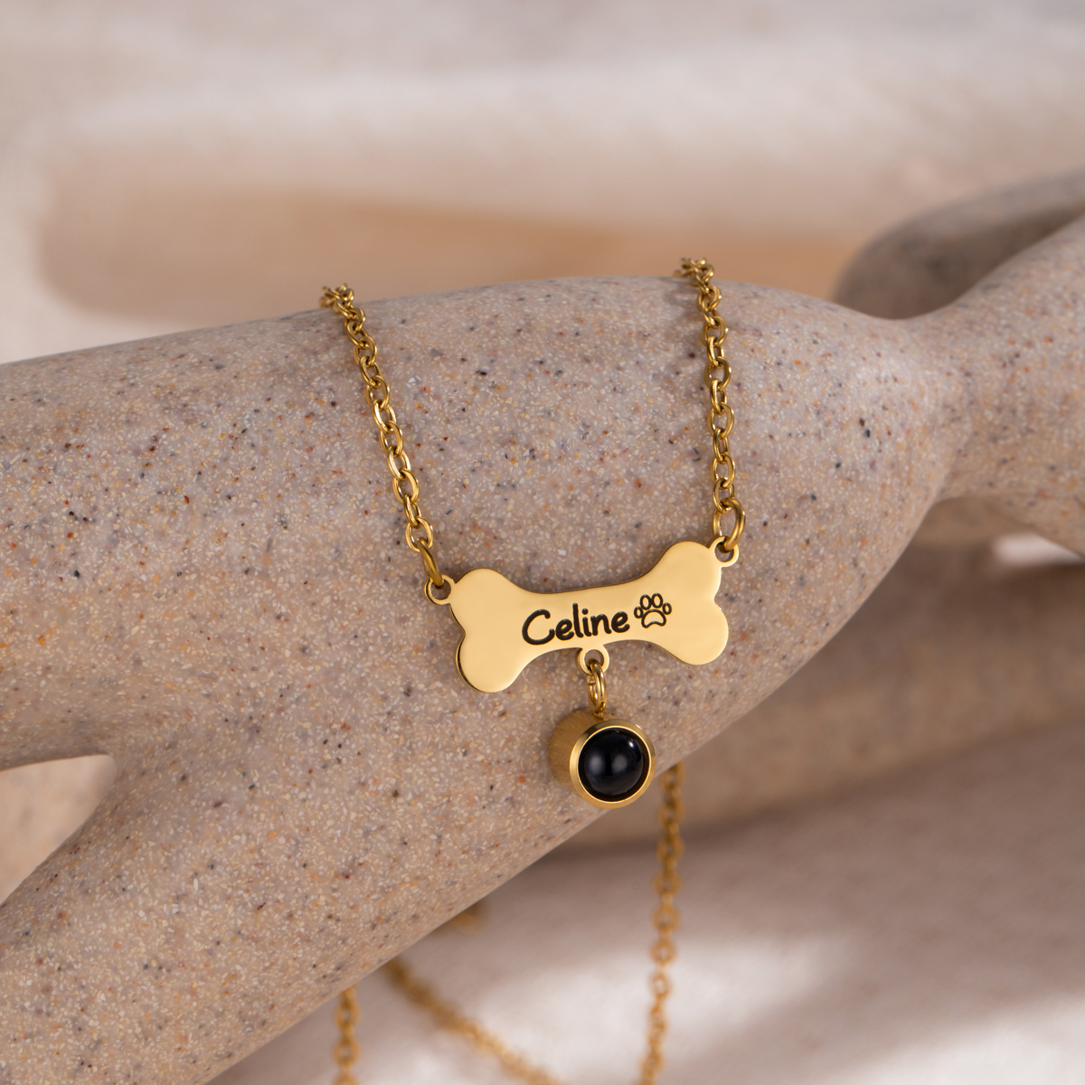 Customized Necklace with Engraved Name on a Dog Bone-shaped Projection Stone 