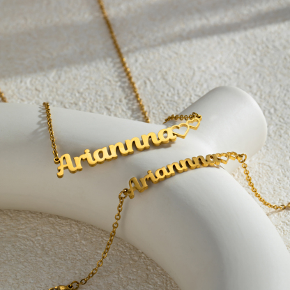 Double Hearts Customized Name Jewelry Set Necklace and Bracelet