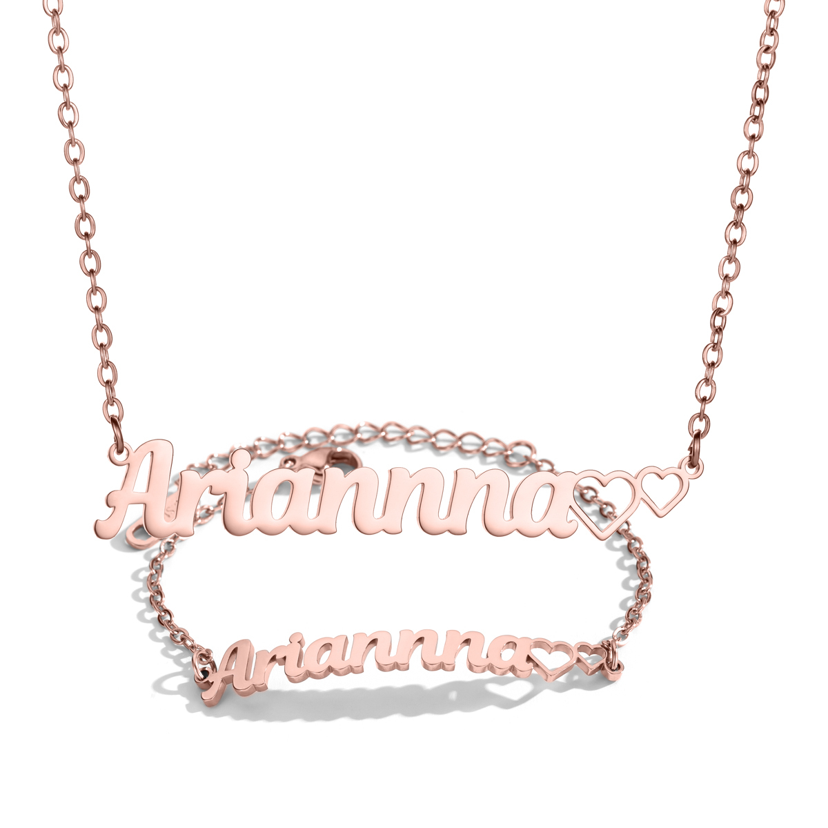 Double Hearts Customized Name Jewelry Set Necklace and Bracelet