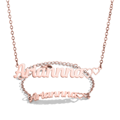 Double Hearts Customized Name Jewelry Set Necklace and Bracelet