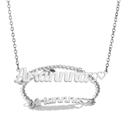 Double Hearts Customized Name Jewelry Set Necklace and Bracelet