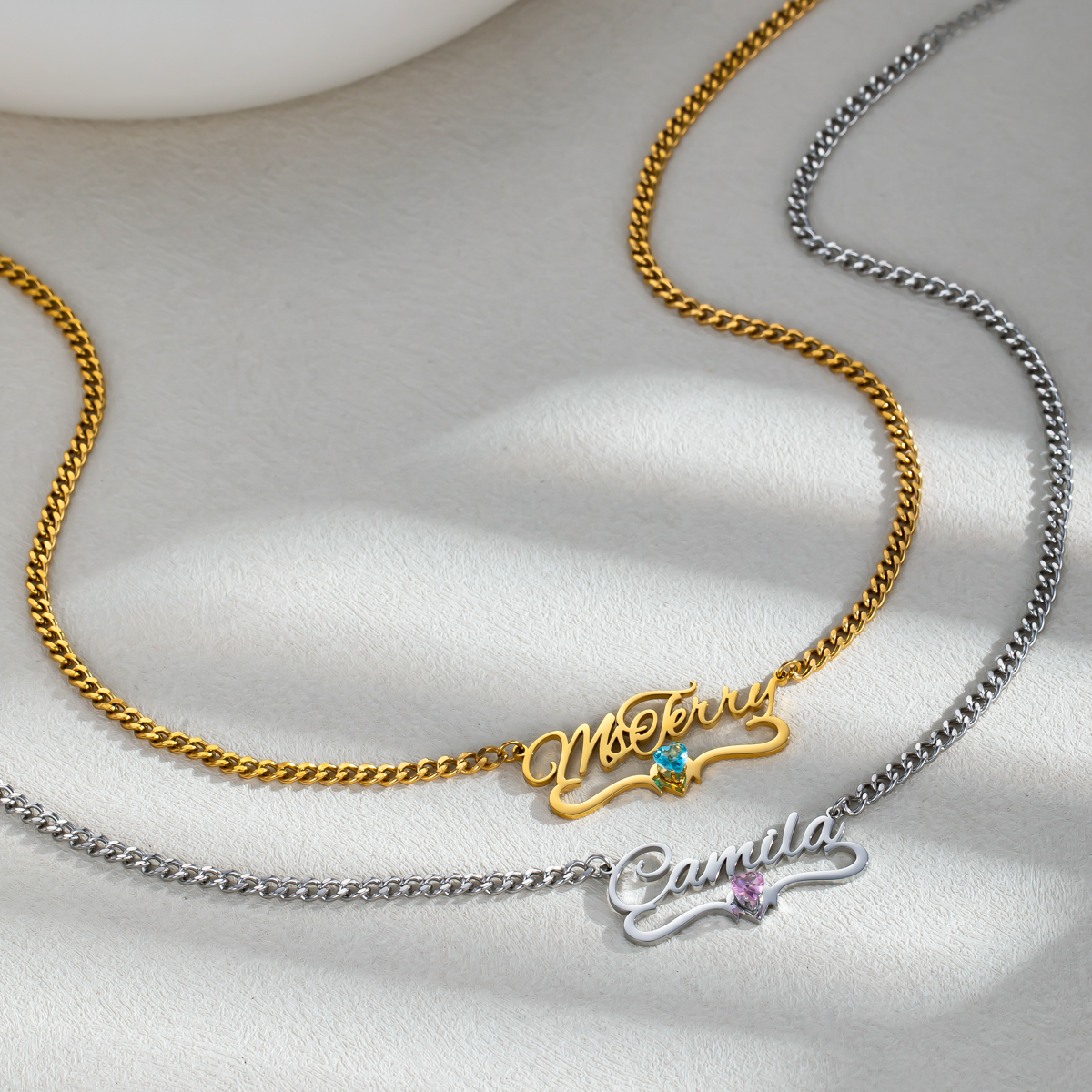Custom Name Ribbon Birthstone Necklace