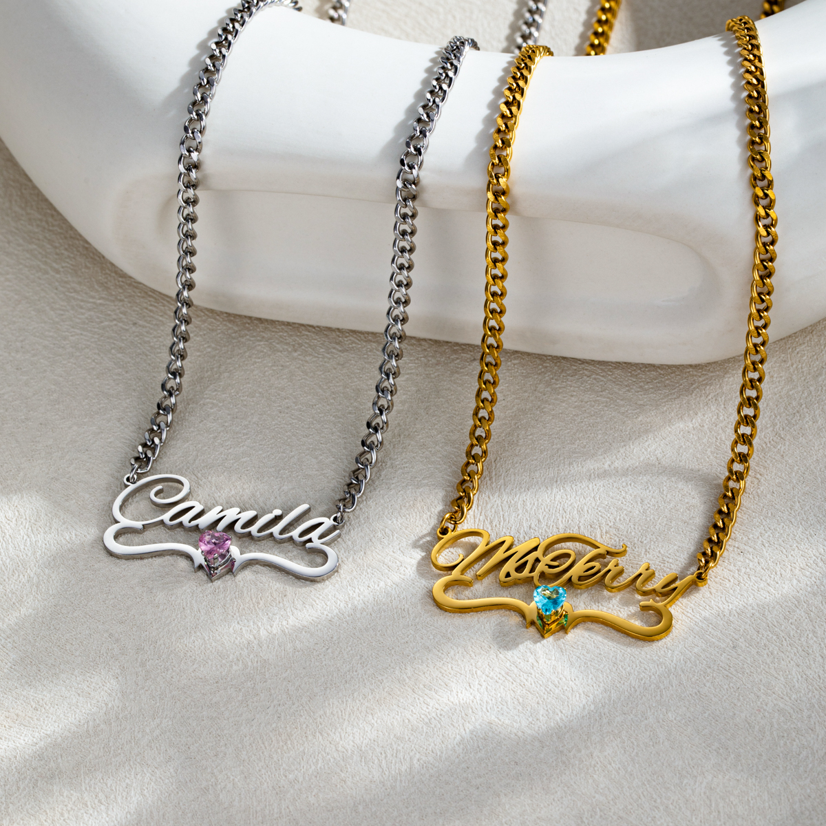 Custom Name Ribbon Birthstone Necklace
