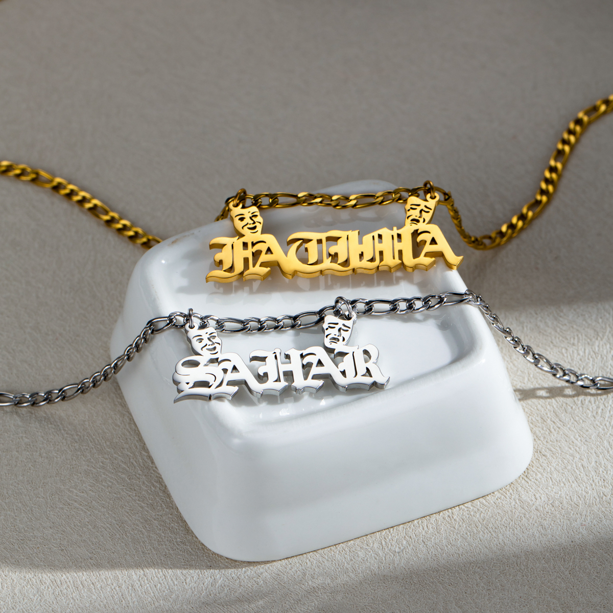 Personalized Retro Masks and Customized Name Necklaces