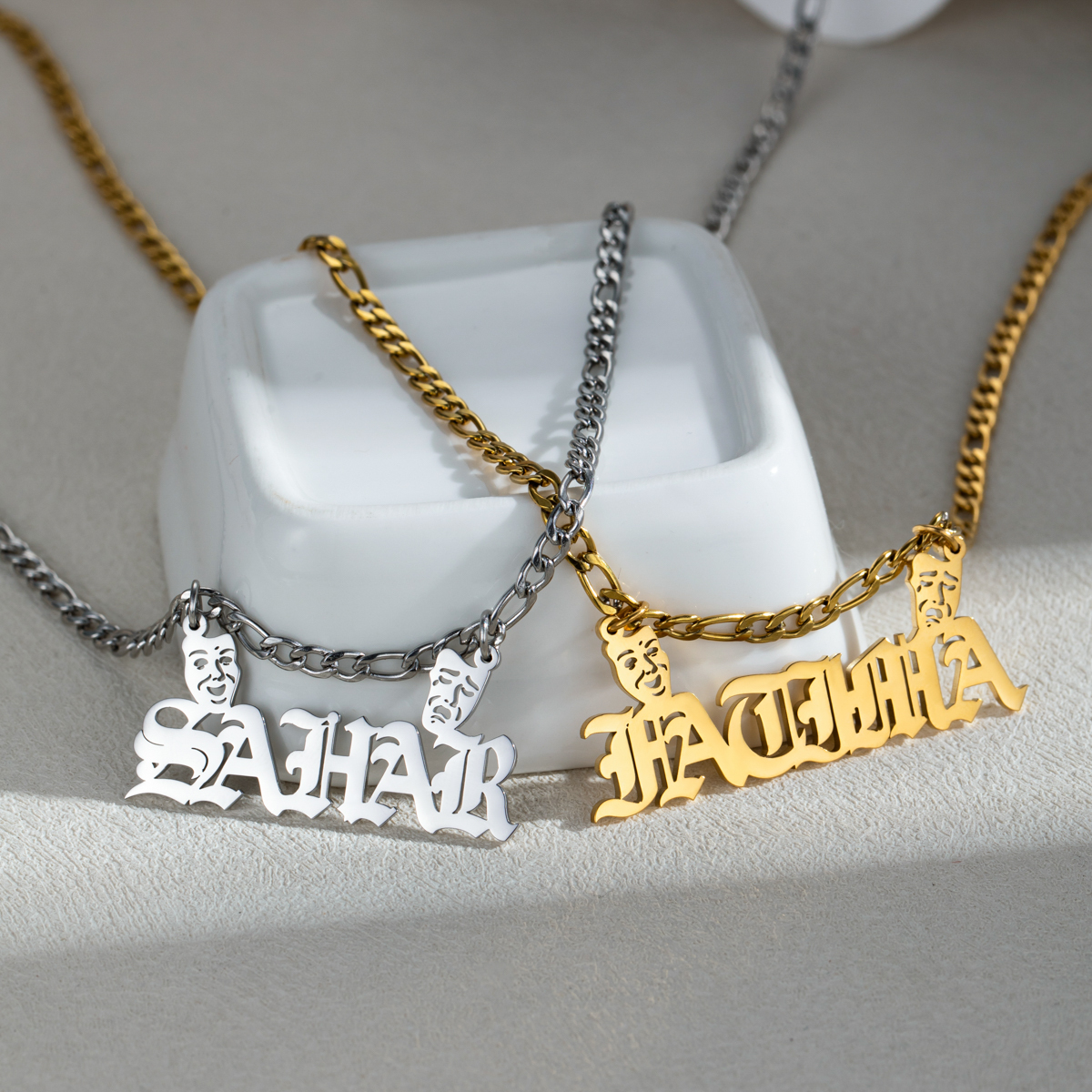 Personalized Retro Masks and Customized Name Necklaces