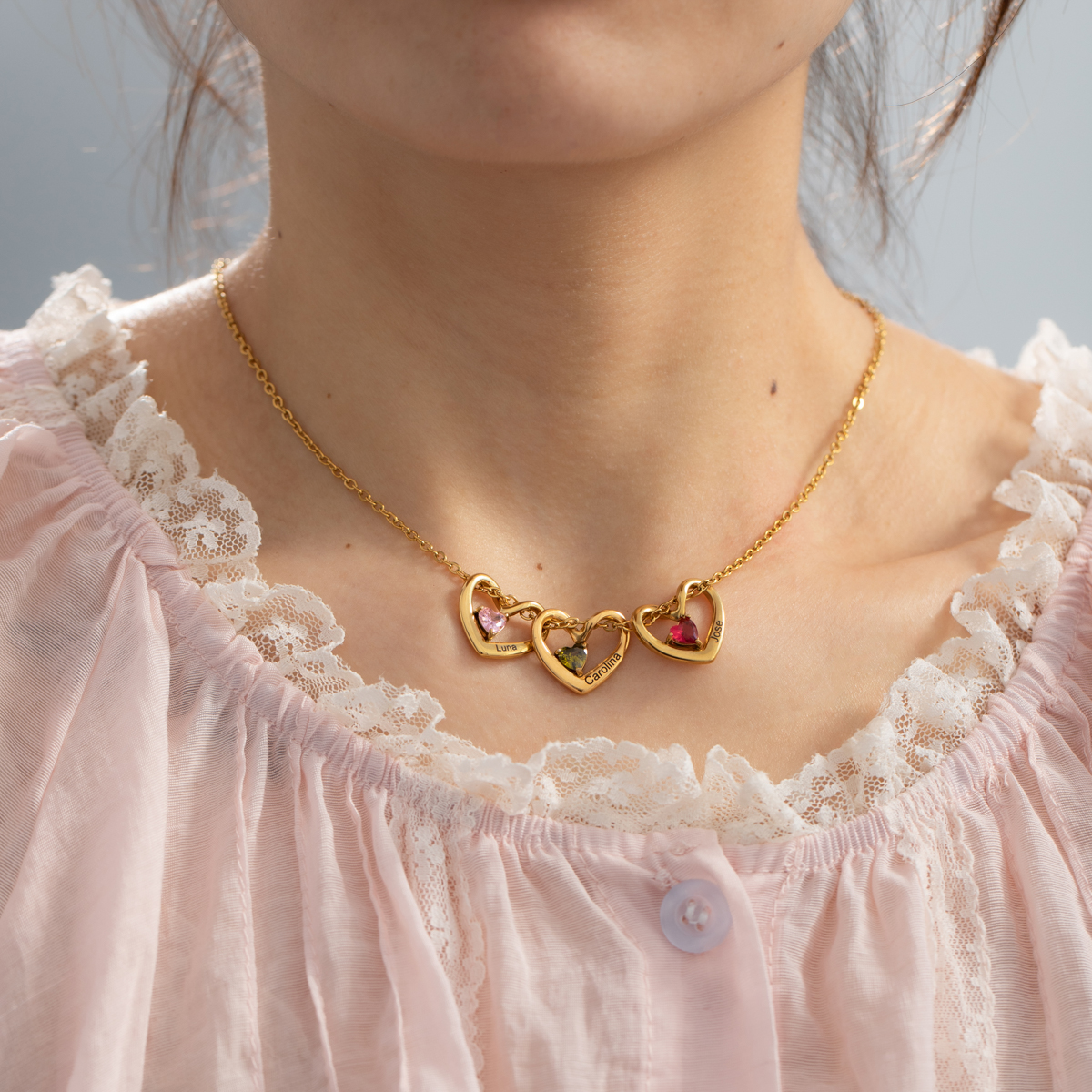 Customized Birthstone Name Engraved Heart Shape Pendant Necklace