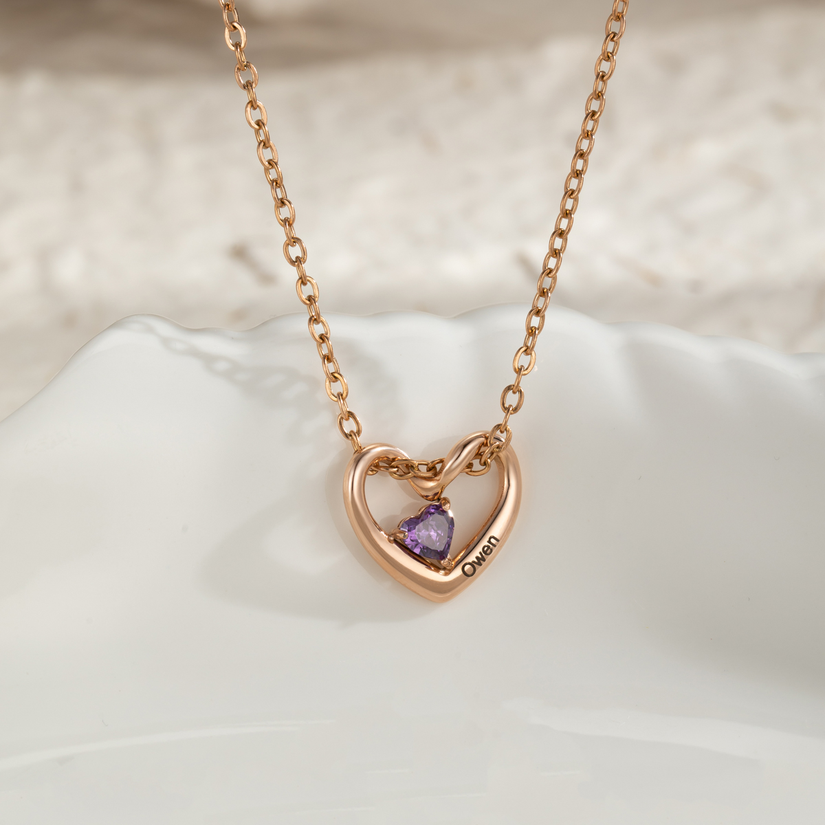 Customized Birthstone Name Engraved Heart Shape Pendant Necklace