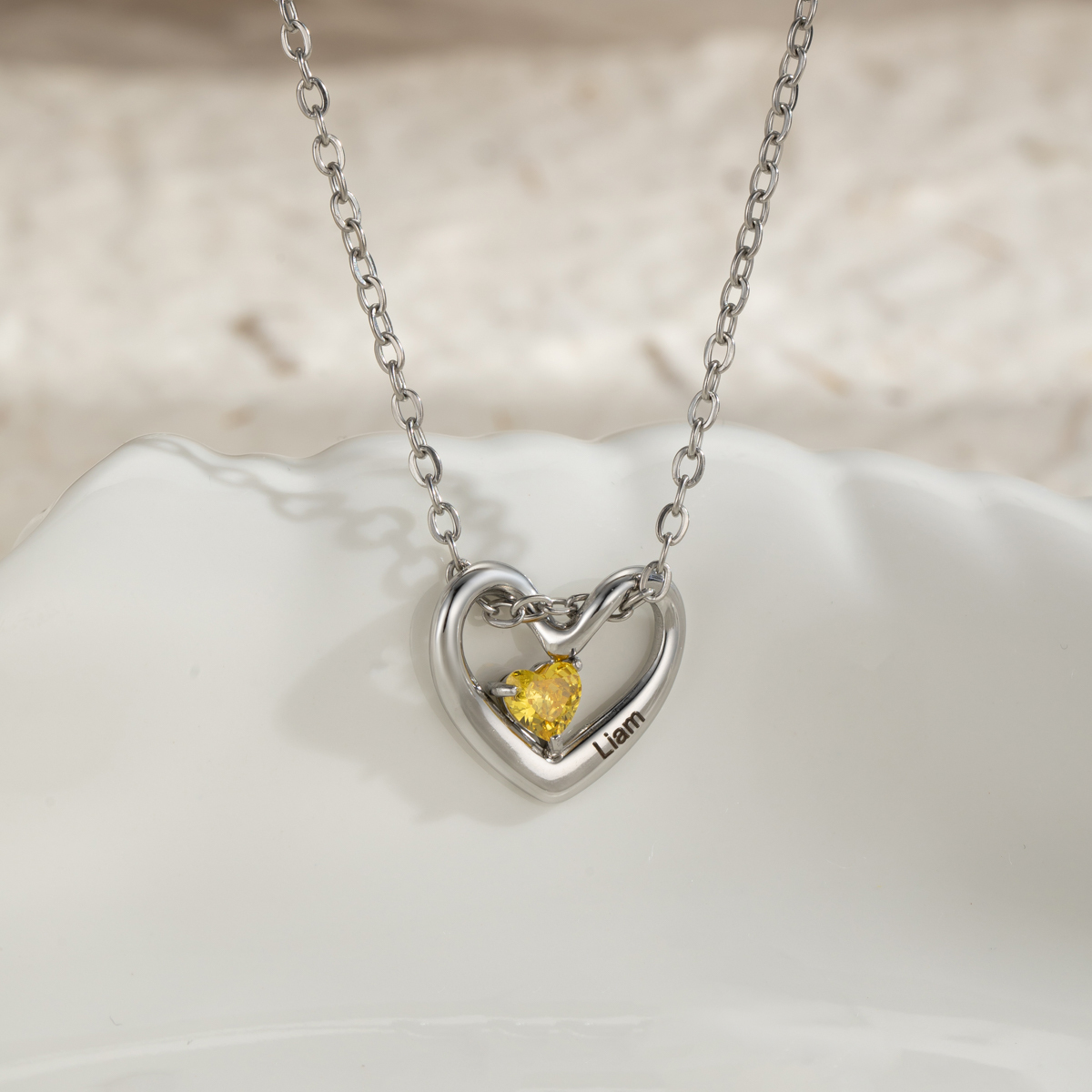 Customized Birthstone Name Engraved Heart Shape Pendant Necklace
