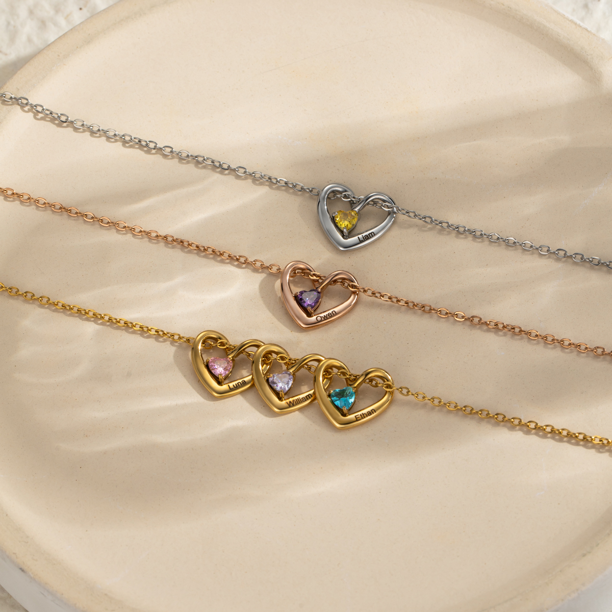 Customized Birthstone Name Engraved Heart Shape Pendant Necklace