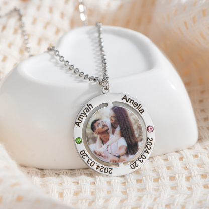 Customized Photo Necklace with Engraved Anniversary Date and Birthstone 