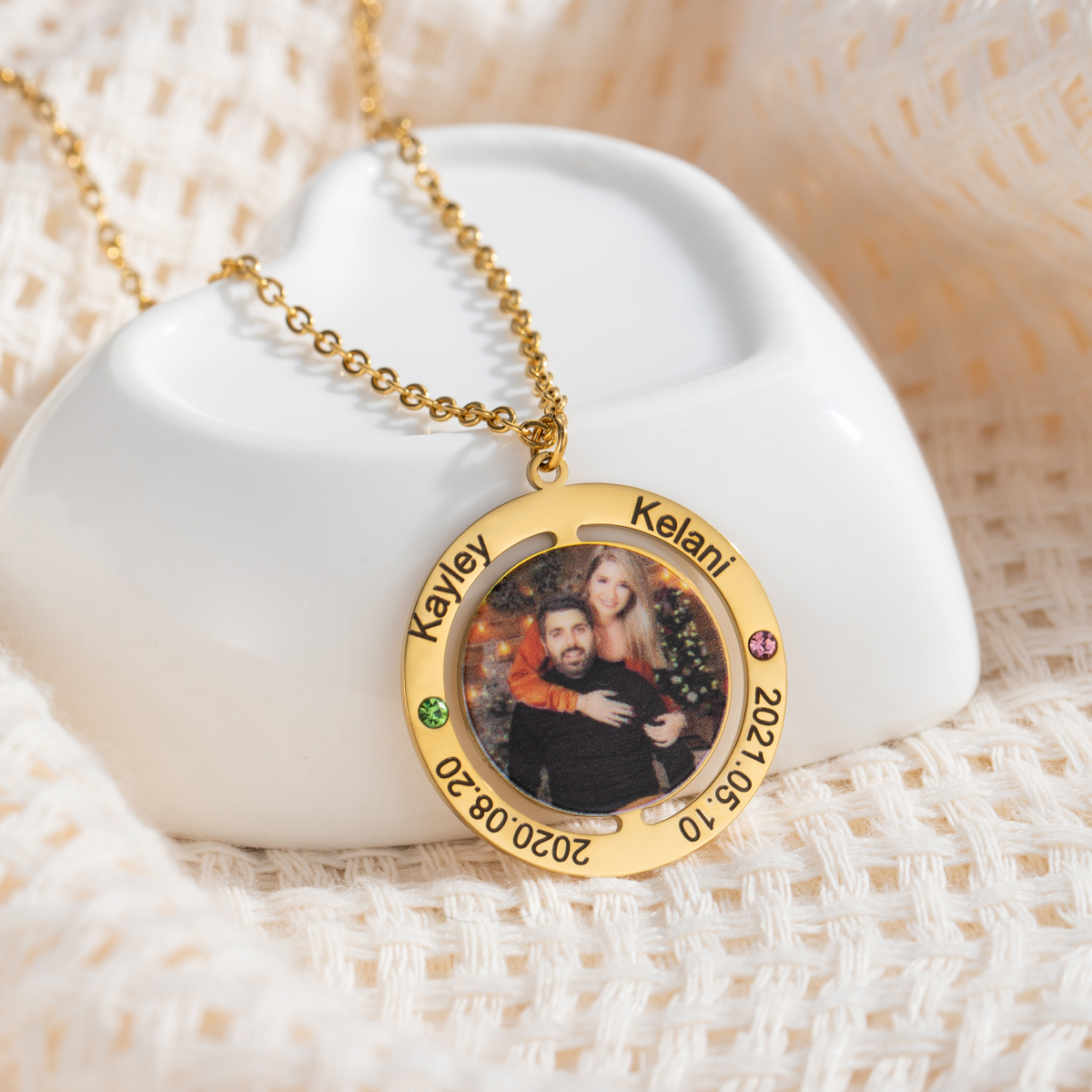 Customized Photo Necklace with Engraved Anniversary Date and Birthstone 