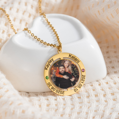 Customized Photo Necklace with Engraved Anniversary Date and Birthstone 