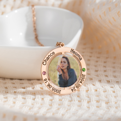 Customized Photo Necklace with Engraved Anniversary Date and Birthstone 