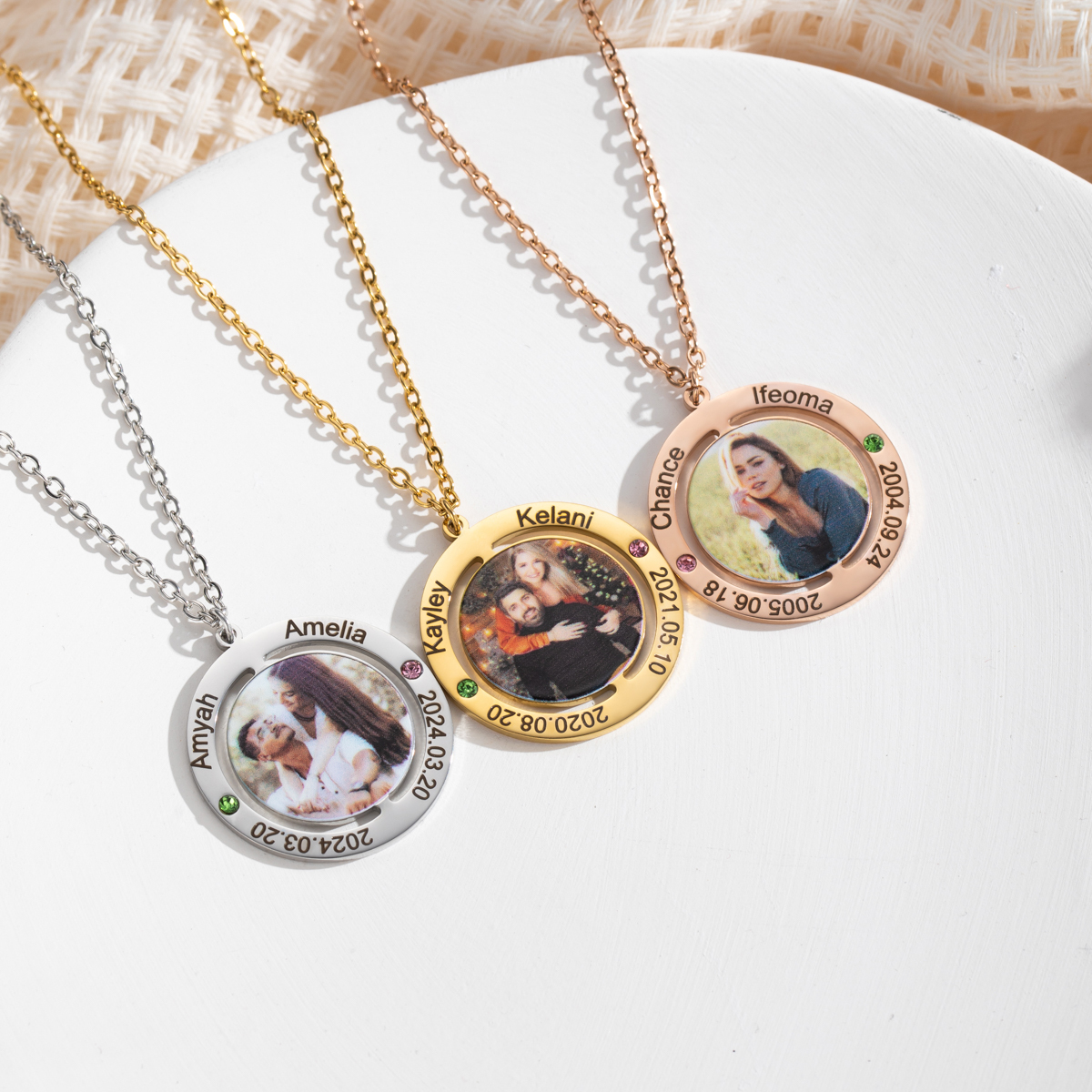 Customized Photo Necklace with Engraved Anniversary Date and Birthstone 