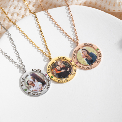 Customized Photo Necklace with Engraved Anniversary Date and Birthstone 
