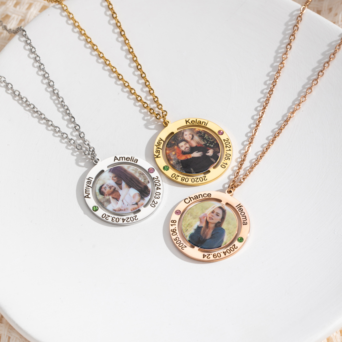 Customized Photo Necklace with Engraved Anniversary Date and Birthstone 