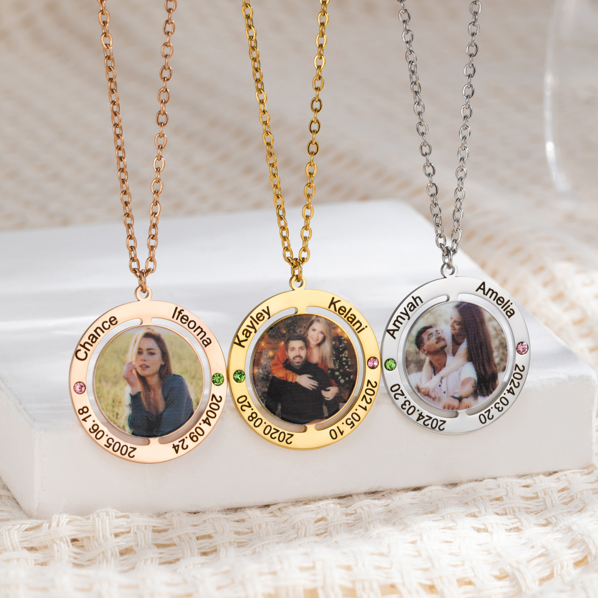 Customized Photo Necklace with Engraved Anniversary Date and Birthstone 