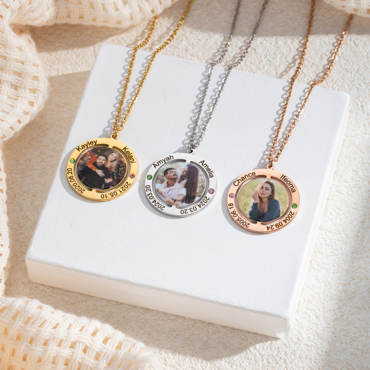 Customized Photo Necklace with Engraved Anniversary Date and Birthstone 