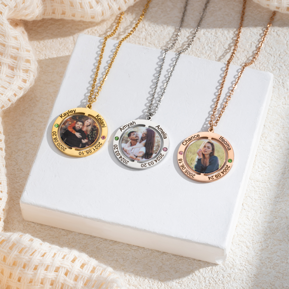 Customized Photo Necklace with Engraved Anniversary Date and Birthstone 