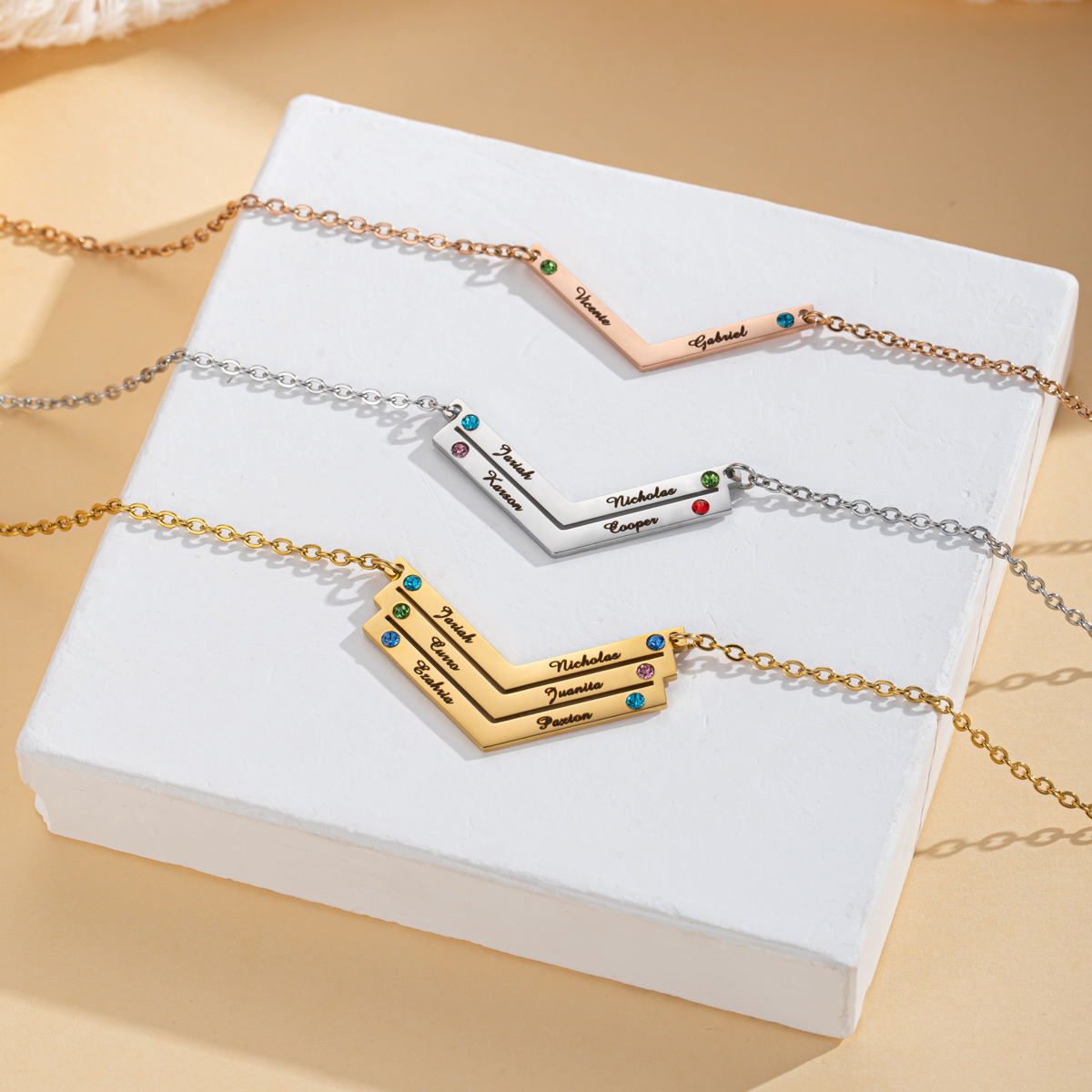 V Shaped Custom Name Necklace with Birthstone