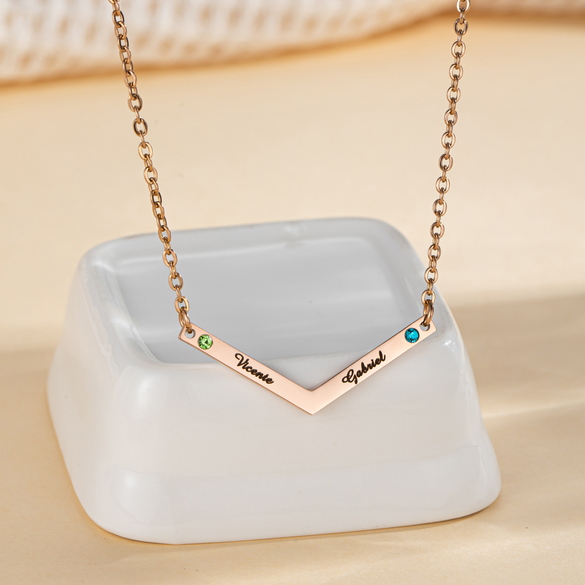 V Shaped Custom Name Necklace with Birthstone
