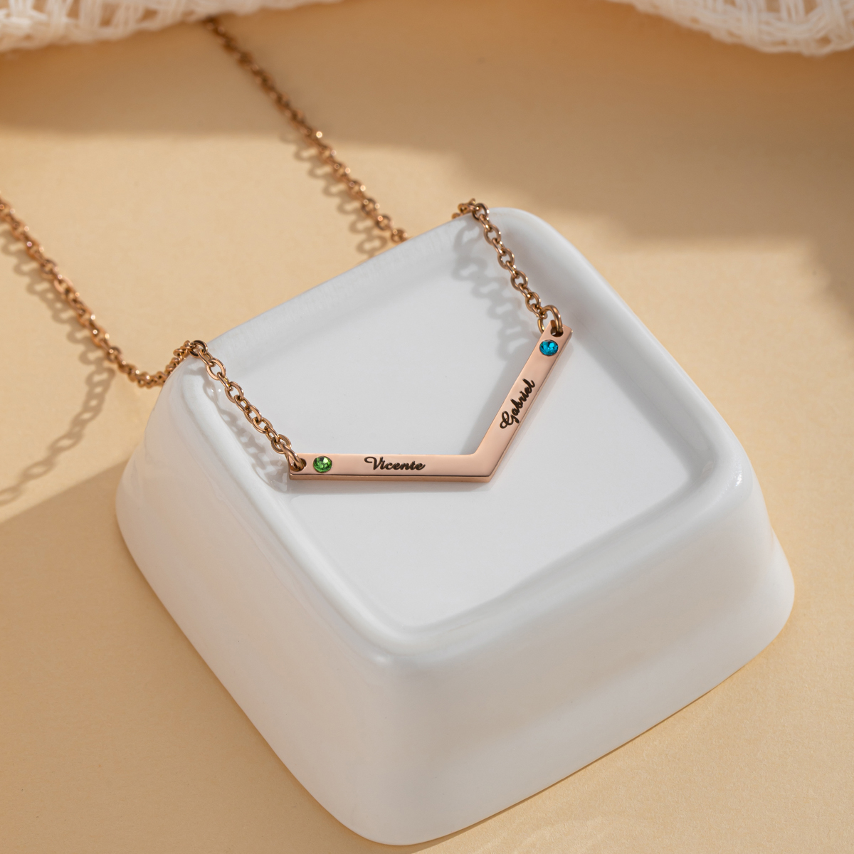 V Shaped Custom Name Necklace with Birthstone
