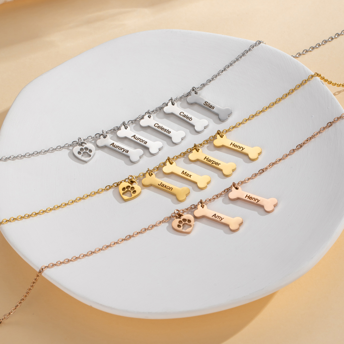 Customized Name Necklace in the Shape of Dog Bones, Hearts and Paw Prints