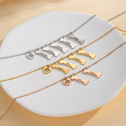 Customized Name Necklace in the Shape of Dog Bones, Hearts and Paw Prints