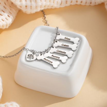 Customized Name Necklace in the Shape of Dog Bones, Hearts and Paw Prints