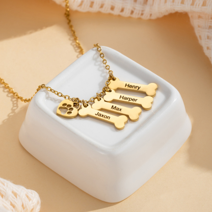 Customized Name Necklace in the Shape of Dog Bones, Hearts and Paw Prints