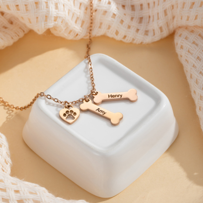 Customized Name Necklace in the Shape of Dog Bones, Hearts and Paw Prints
