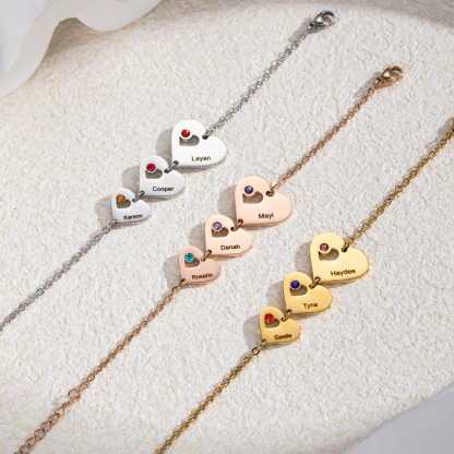 Customized Bracelet with Multiple Names, Hearts and Birthstones