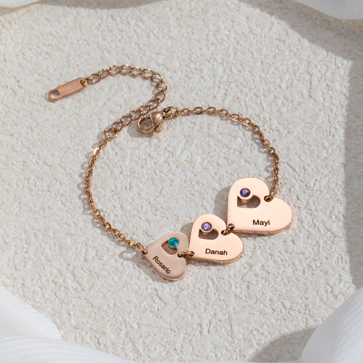 Customized Bracelet with Multiple Names, Hearts and Birthstones
