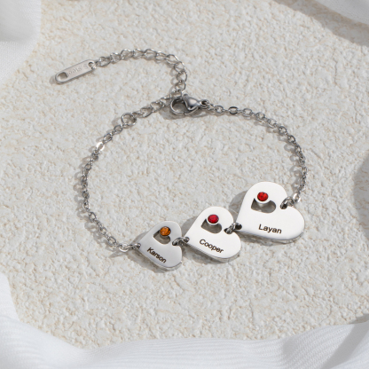 Customized Bracelet with Multiple Names, Hearts and Birthstones