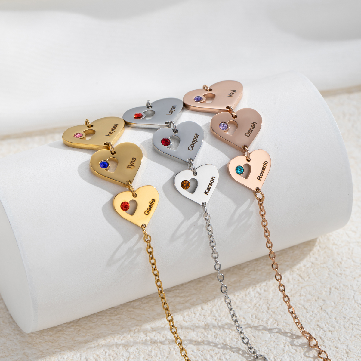 Customized Bracelet with Multiple Names, Hearts and Birthstones