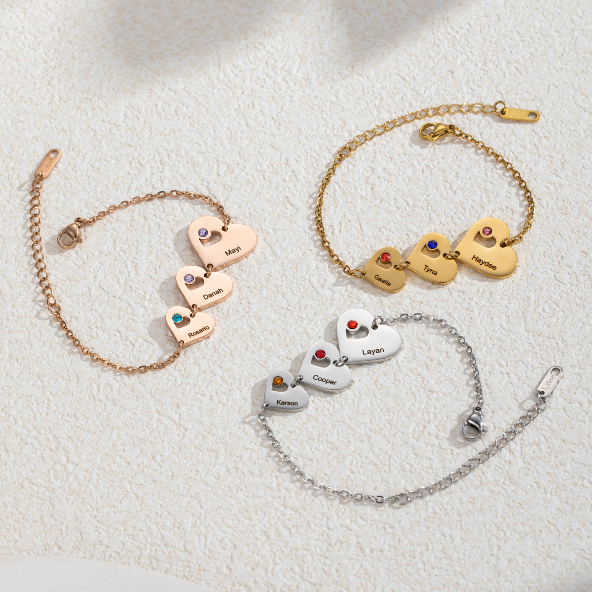 Customized Bracelet with Multiple Names, Hearts and Birthstones