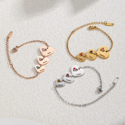 Customized Bracelet with Multiple Names, Hearts and Birthstones