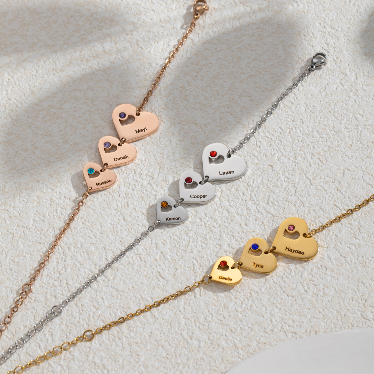 Customized Bracelet with Multiple Names, Hearts and Birthstones