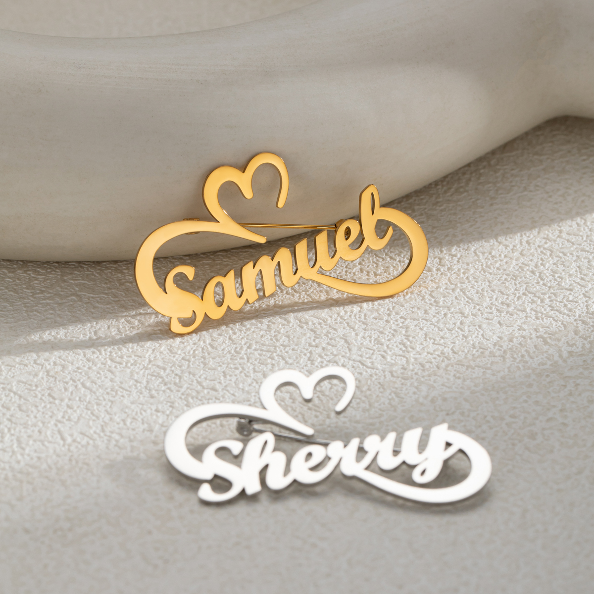 Custom Name Heart Ribbon Brooch