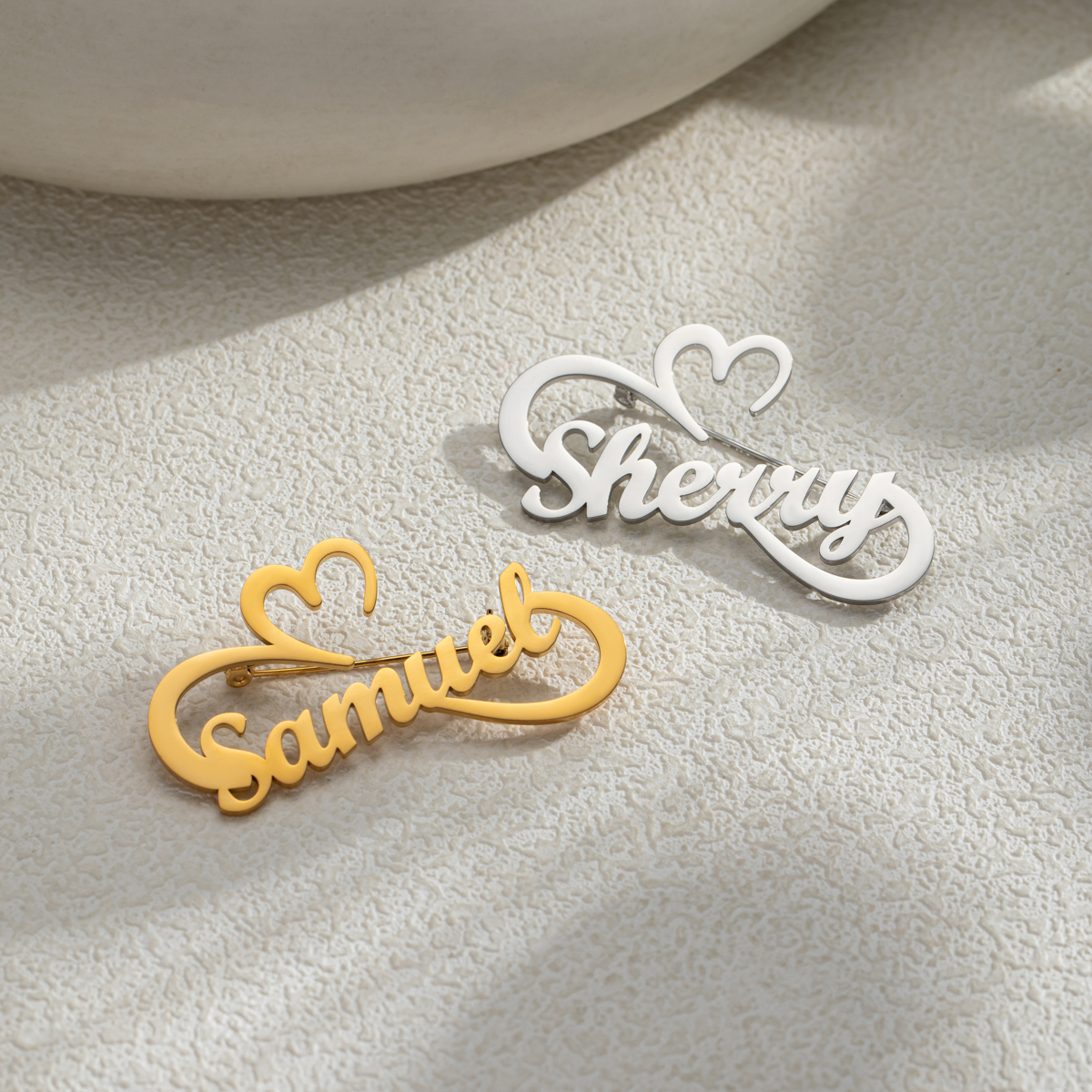 Custom Name Heart Ribbon Brooch