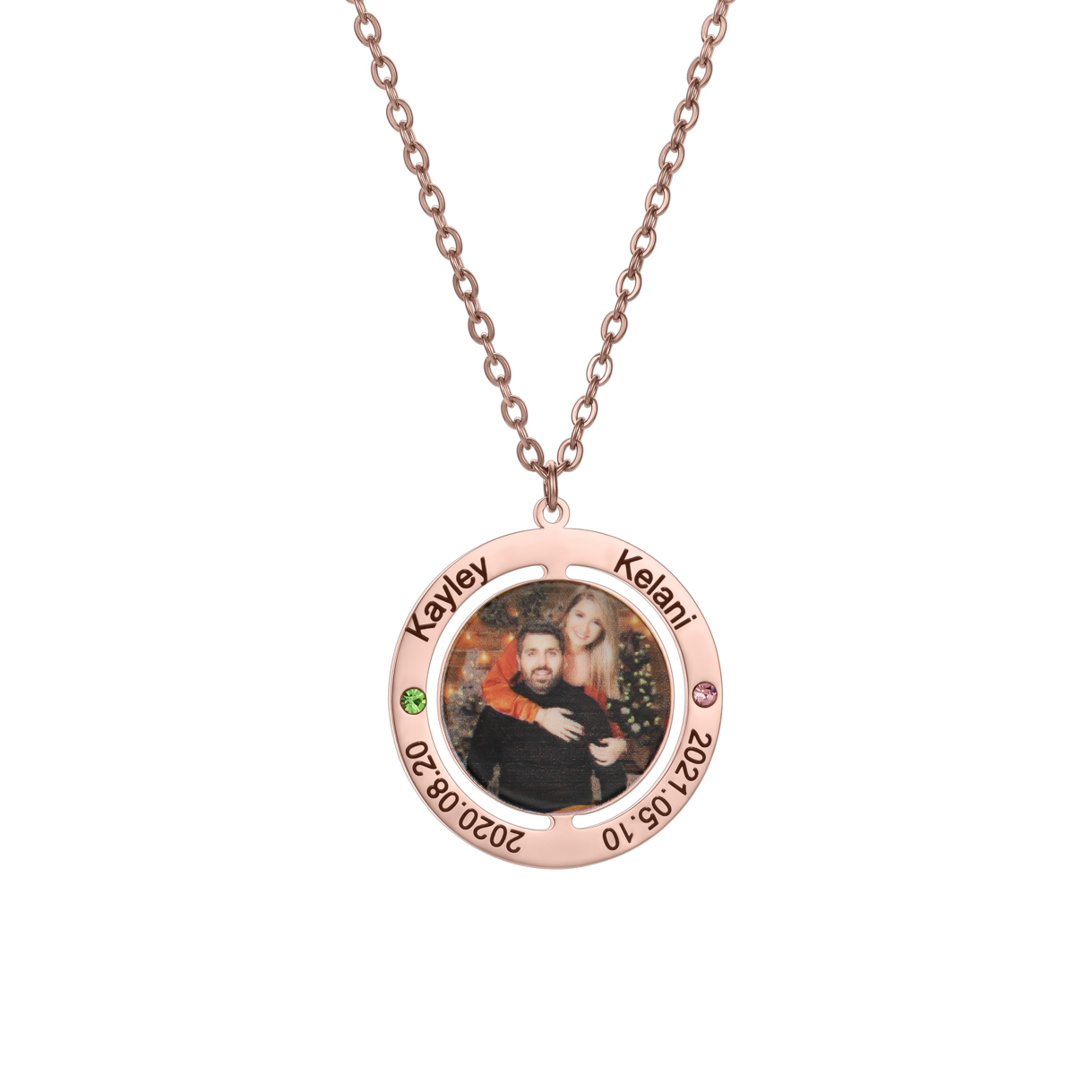 Customized Photo Necklace with Engraved Anniversary Date and Birthstone 