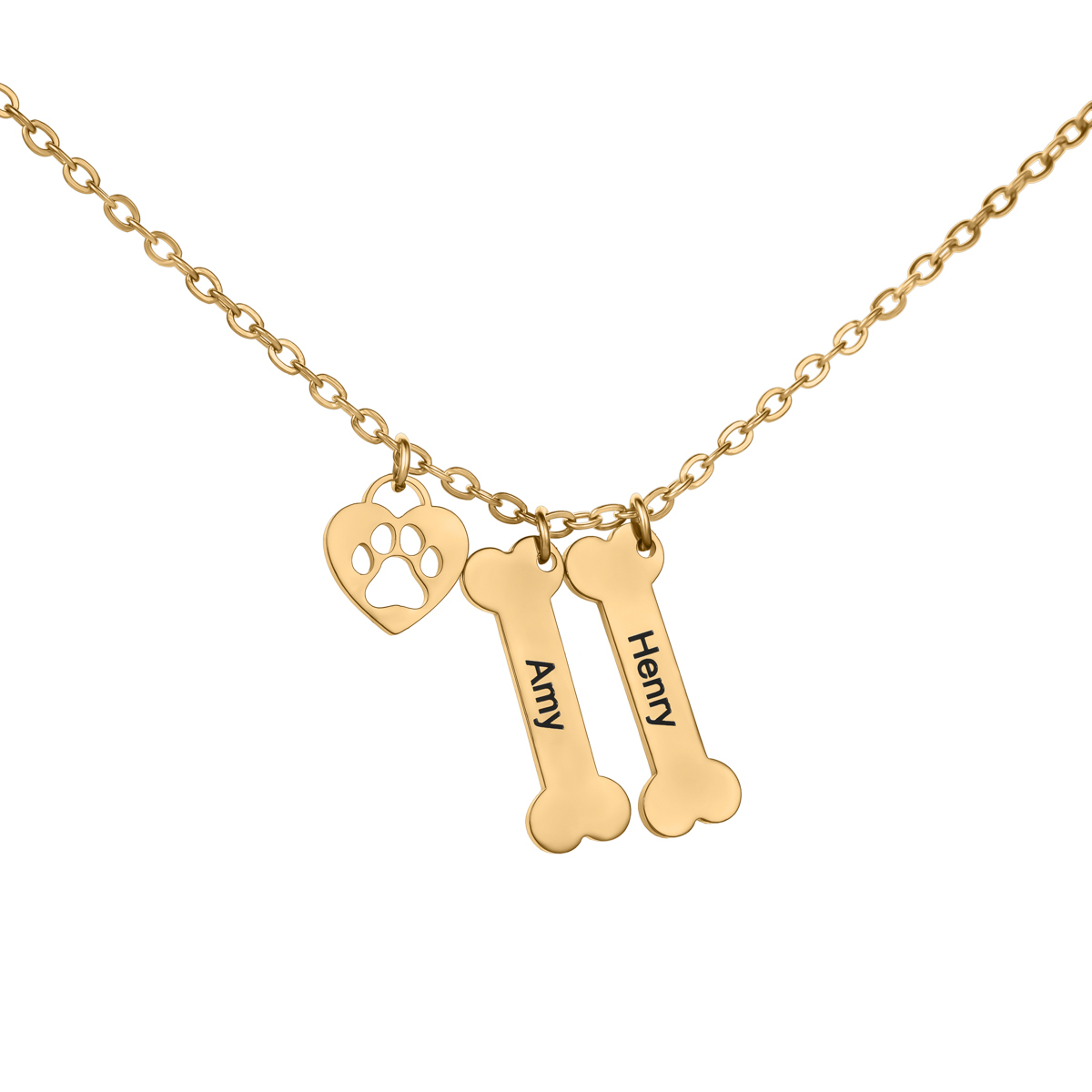 Customized Name Necklace in the Shape of Dog Bones, Hearts and Paw Prints