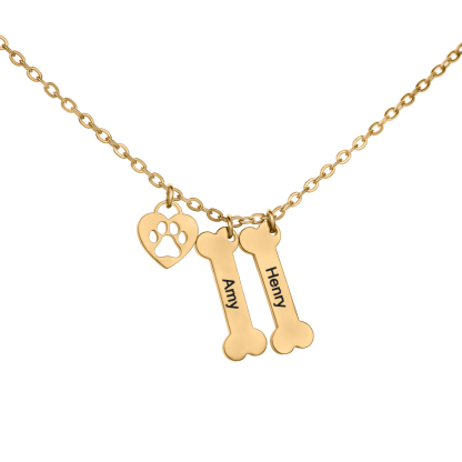 Customized Name Necklace in the Shape of Dog Bones, Hearts and Paw Prints