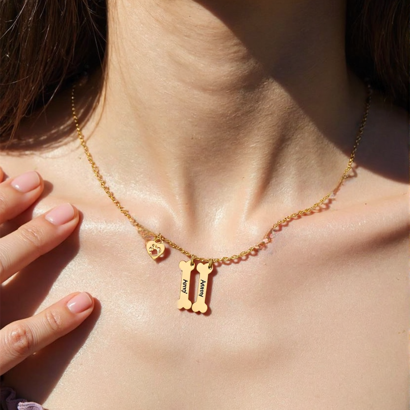 Customized Name Necklace in the Shape of Dog Bones, Hearts and Paw Prints
